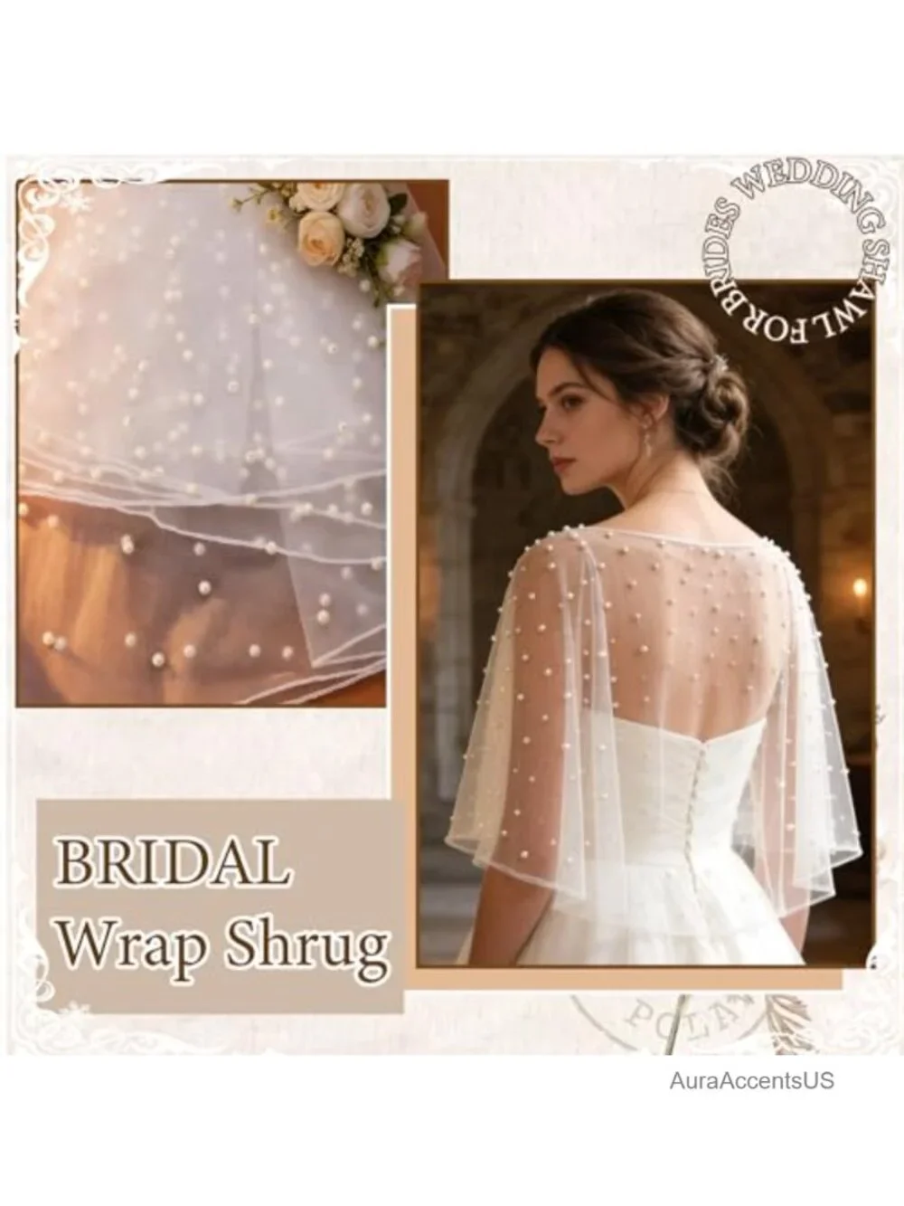 Pearl Shawl Wrap Shrug Bridal Capelet Satin Edge Tulle One Size